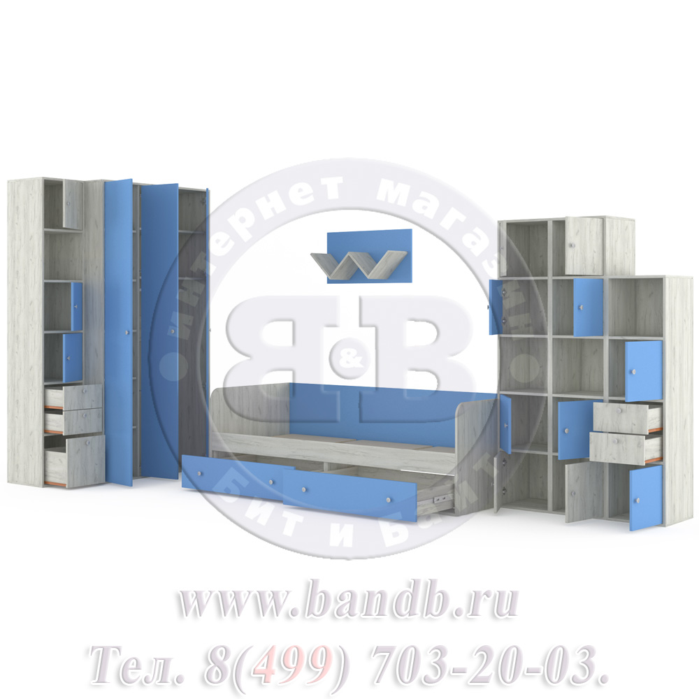 Мебель для детской комнаты с кроватью Тетрис 1 МС № 16 цвет дуб белый/капри синий Картинка № 6