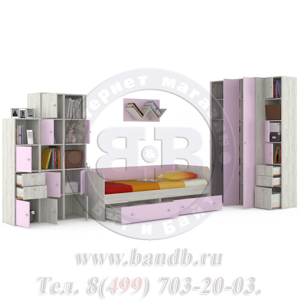 Мебель для детской комнаты с кроватью Тетрис 1 МС № 16 цвет дуб белый/лаванда Картинка № 2