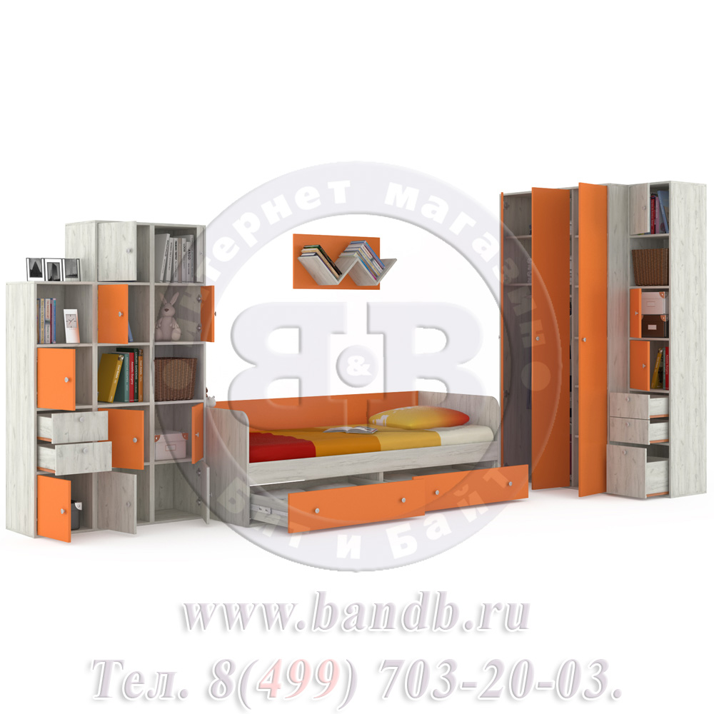 Мебель для детской комнаты с кроватью Тетрис 1 МС № 16 цвет дуб белый/оранжевый Картинка № 2