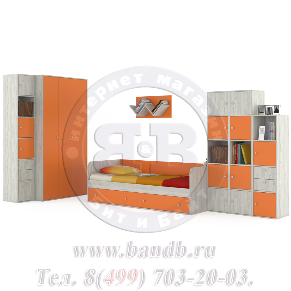 Мебель для детской комнаты с кроватью Тетрис 1 МС № 16 цвет дуб белый/оранжевый Картинка № 3