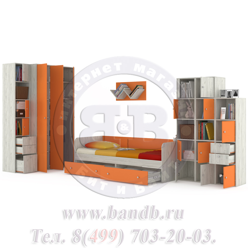 Мебель для детской комнаты с кроватью Тетрис 1 МС № 16 цвет дуб белый/оранжевый Картинка № 4
