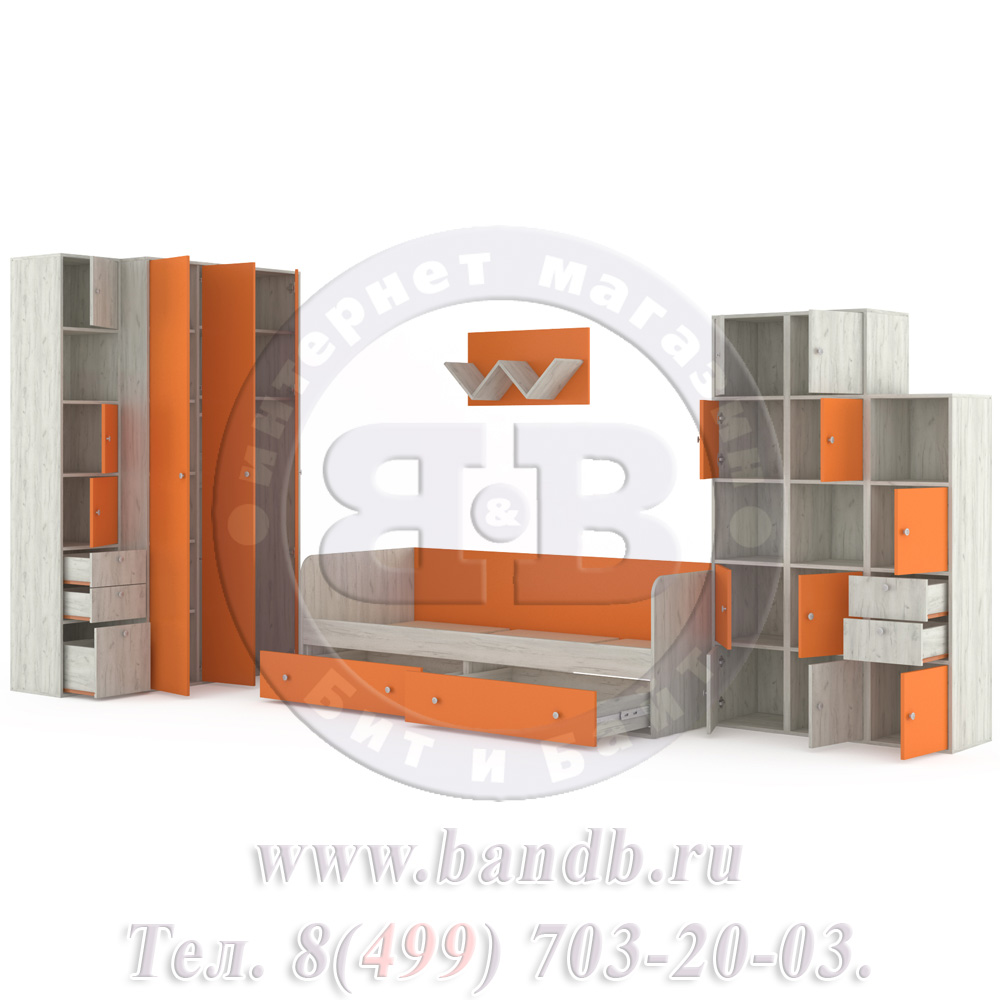 Мебель для детской комнаты с кроватью Тетрис 1 МС № 16 цвет дуб белый/оранжевый Картинка № 6
