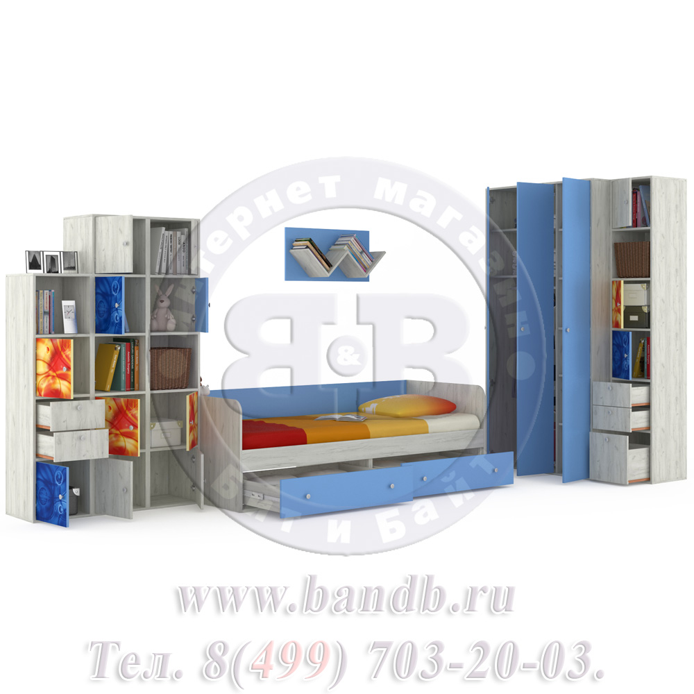 Мебель для детской комнаты с кроватью Тетрис 1 МС № 16 Космос цвет дуб белый/капри синий Картинка № 2