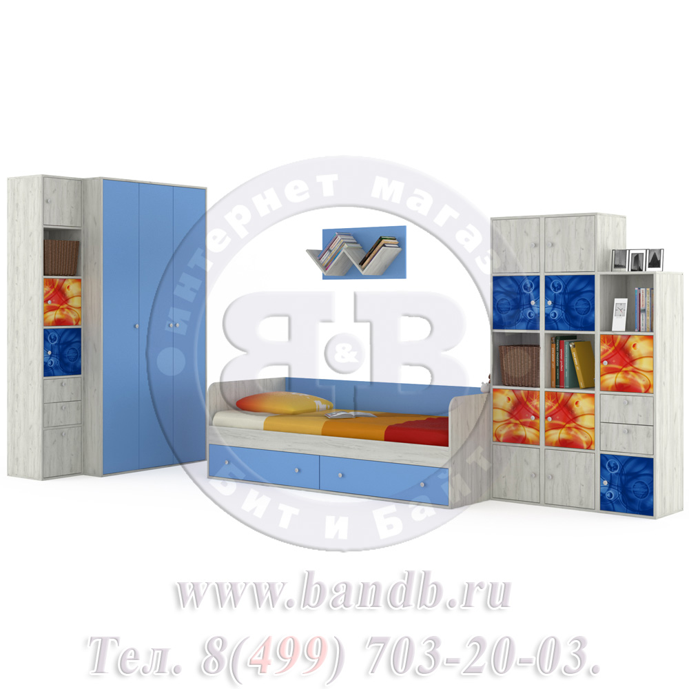 Мебель для детской комнаты с кроватью Тетрис 1 МС № 16 Космос цвет дуб белый/капри синий Картинка № 3