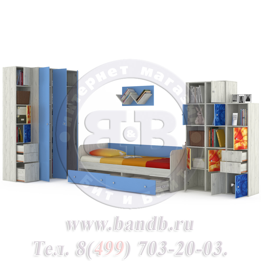 Мебель для детской комнаты с кроватью Тетрис 1 МС № 16 Космос цвет дуб белый/капри синий Картинка № 4