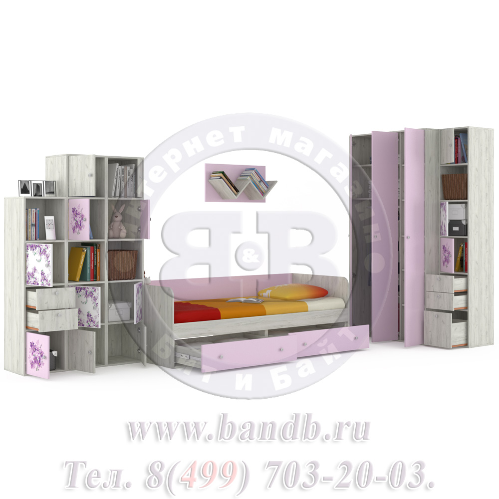 Мебель для детской комнаты с кроватью Тетрис 1 МС № 16 Весна цвет дуб белый/лаванда Картинка № 2