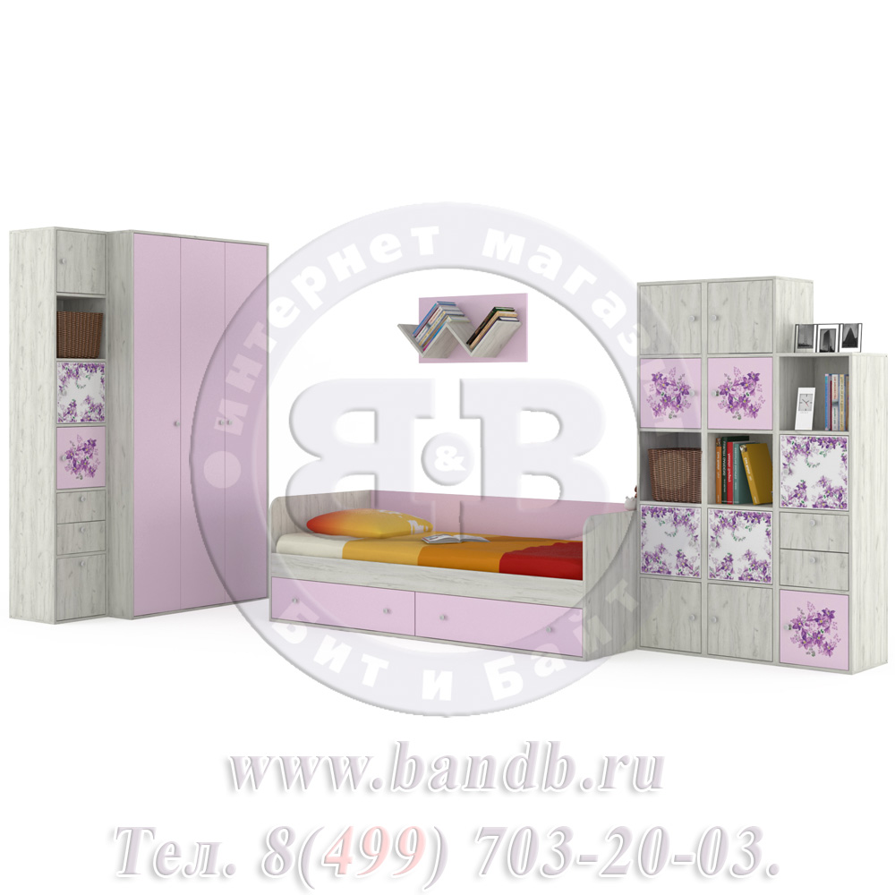 Мебель для детской комнаты с кроватью Тетрис 1 МС № 16 Весна цвет дуб белый/лаванда Картинка № 3