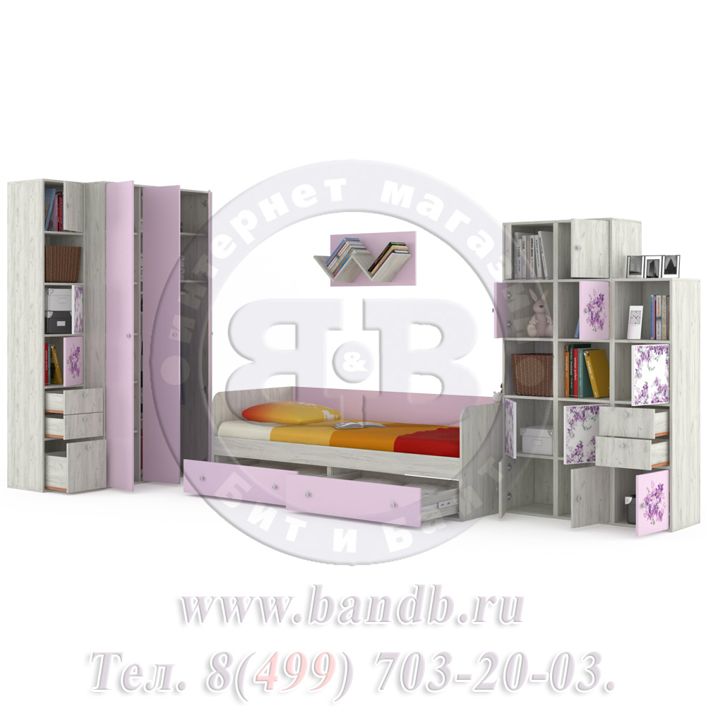 Мебель для детской комнаты с кроватью Тетрис 1 МС № 16 Весна цвет дуб белый/лаванда Картинка № 4