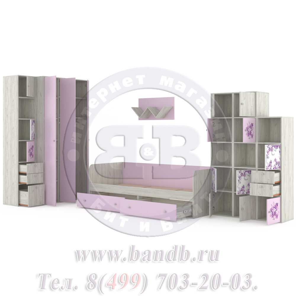 Мебель для детской комнаты с кроватью Тетрис 1 МС № 16 Весна цвет дуб белый/лаванда Картинка № 6