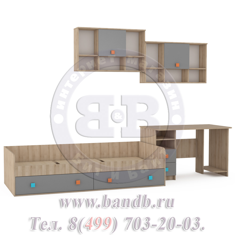 Кровать с ящиками со столом и полками Доминика № 21 цвет бук песочный/серый шифер Картинка № 3