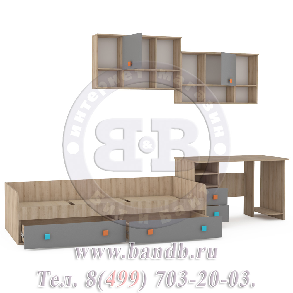 Кровать с ящиками со столом и полками Доминика № 21 цвет бук песочный/серый шифер Картинка № 4