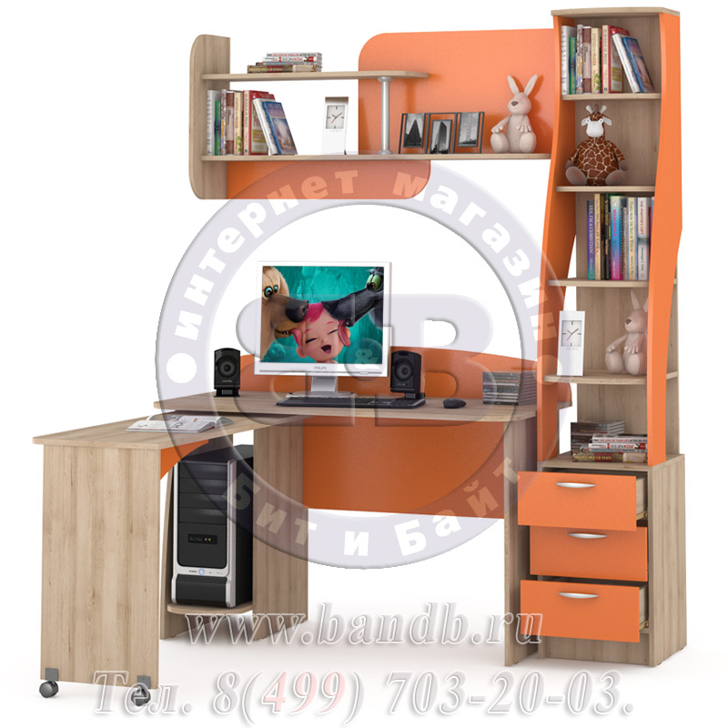 Угловой письменный стол с полкой Ника бук песочный/оранжевый Картинка № 2