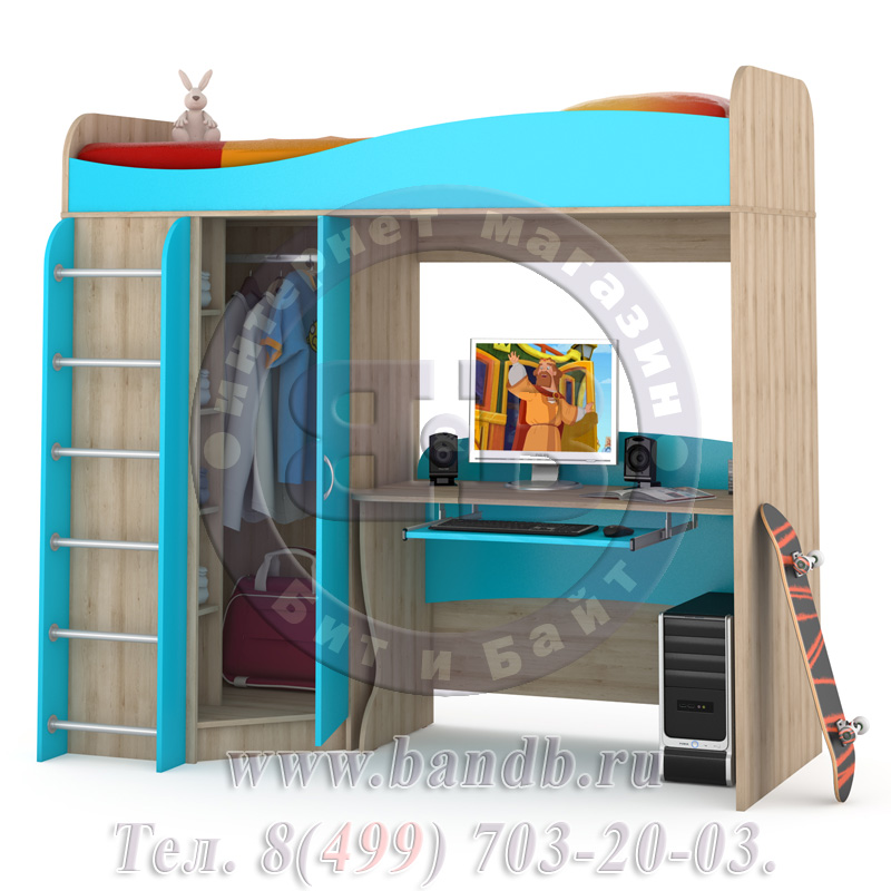 Кровать-чердак со столом Ника № 15 бук песочный/мармара голубая Картинка № 2