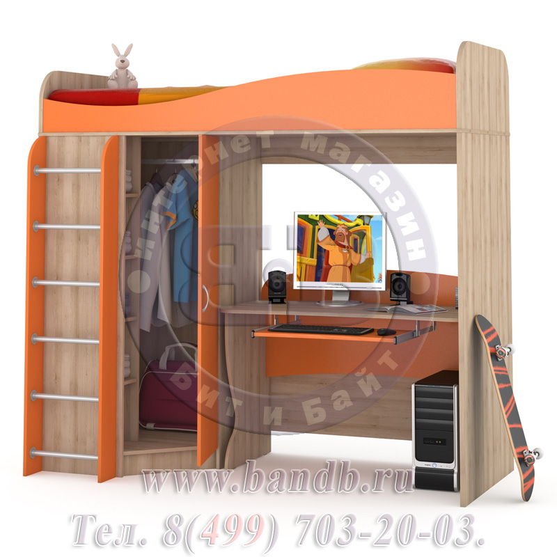 Кровать-чердак со столом Ника № 15 бук песочный/оранжевый Картинка № 2