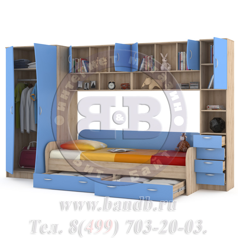 Кровать детская + шкаф и стеллаж Ника 36 бук песочный/капри синий Картинка № 2