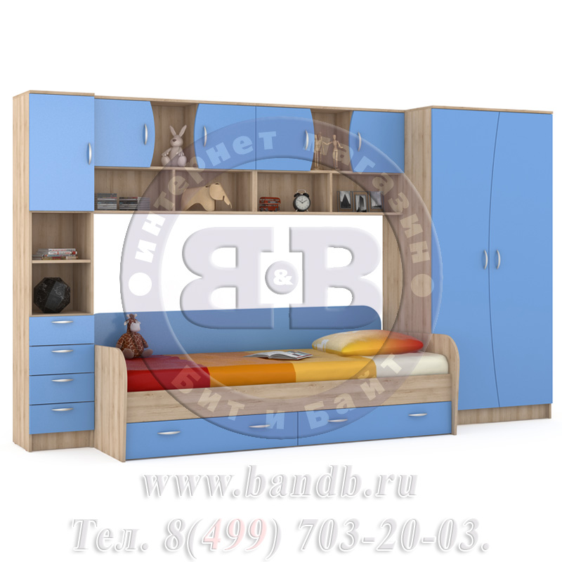 Кровать детская + шкаф и стеллаж Ника 36 бук песочный/капри синий Картинка № 3