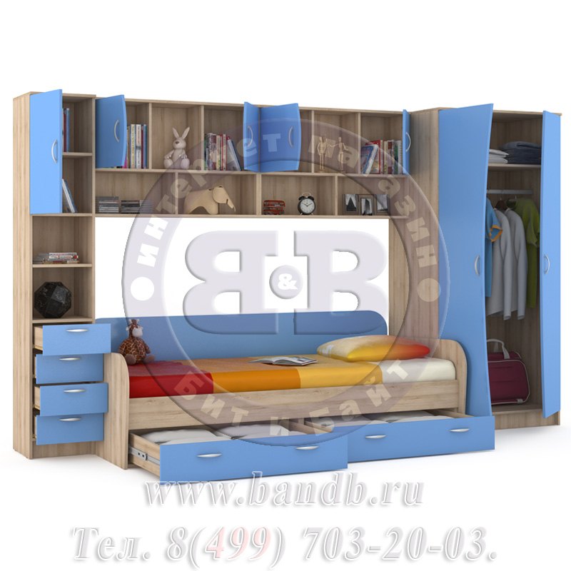 Кровать детская + шкаф и стеллаж Ника 36 бук песочный/капри синий Картинка № 4