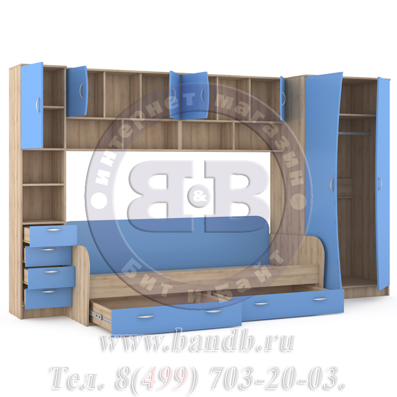 Кровать детская + шкаф и стеллаж Ника 36 бук песочный/капри синий Картинка № 6