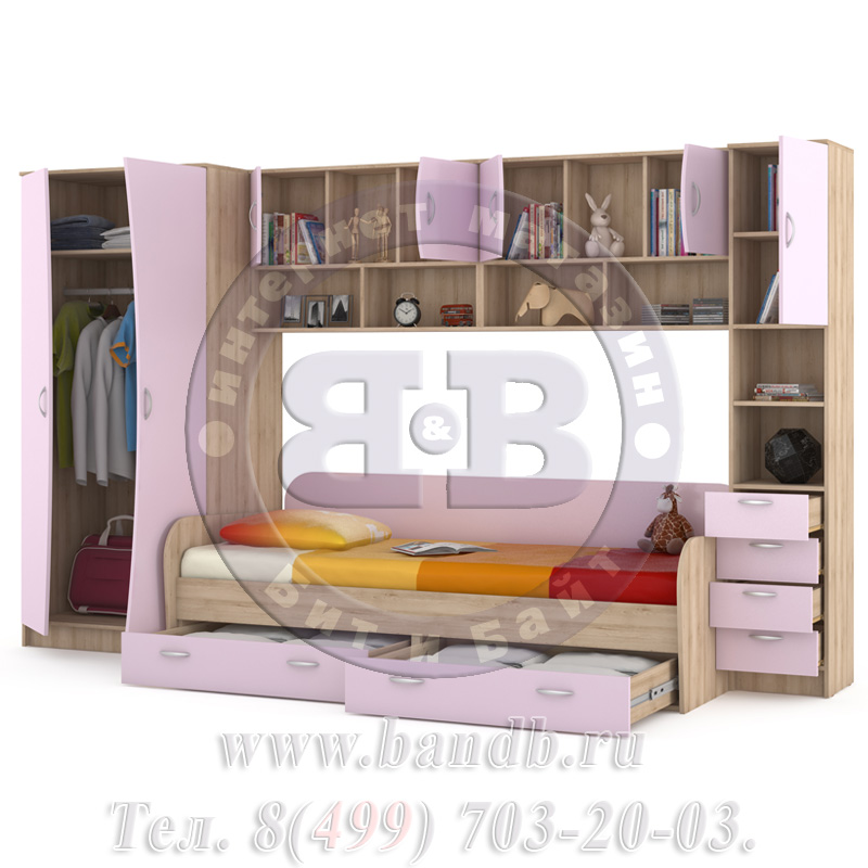 Кровать детская + шкаф и стеллаж Ника 36 бук песочный/лаванда Картинка № 2