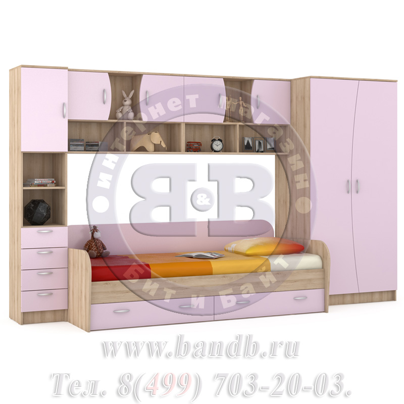 Кровать детская + шкаф и стеллаж Ника 36 бук песочный/лаванда Картинка № 3