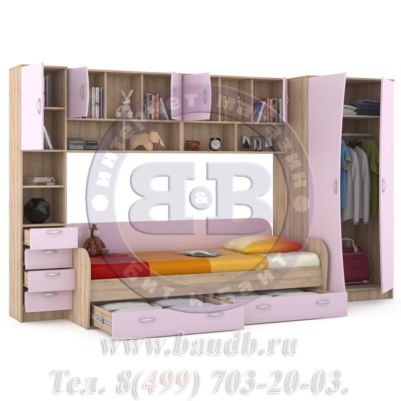 Кровать детская + шкаф и стеллаж Ника 36 бук песочный/лаванда Картинка № 4
