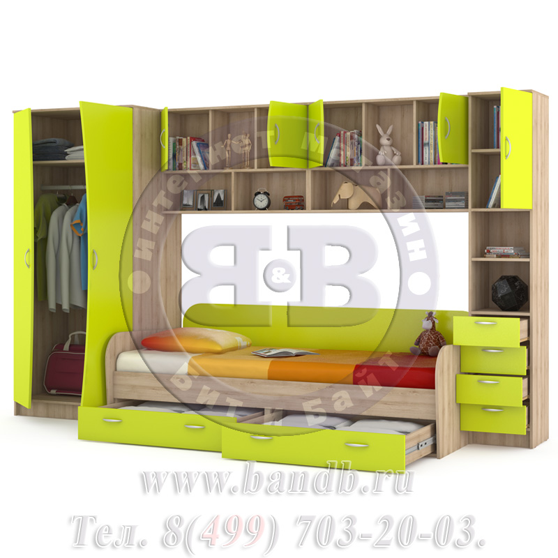Кровать детская + шкаф и стеллаж Ника 36 бук песочный/лайм зелёный Картинка № 2