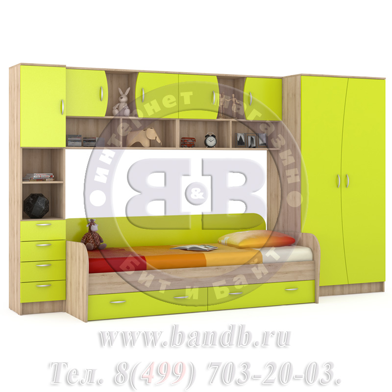 Кровать детская + шкаф и стеллаж Ника 36 бук песочный/лайм зелёный Картинка № 3