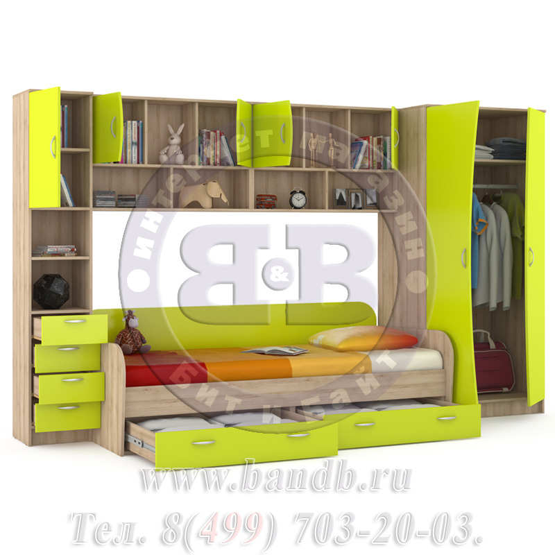 Кровать детская + шкаф и стеллаж Ника 36 бук песочный/лайм зелёный Картинка № 4