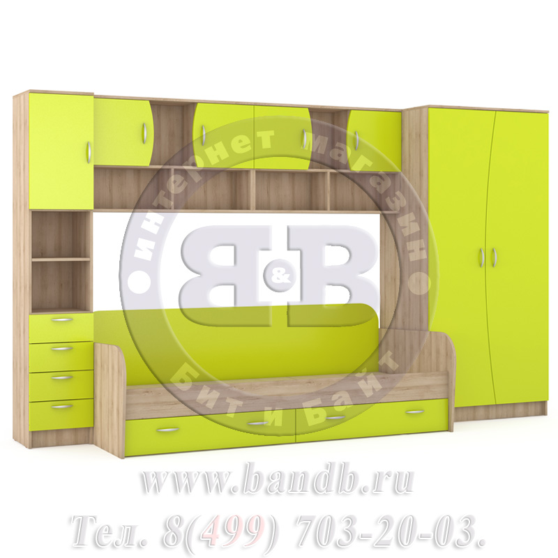 Кровать детская + шкаф и стеллаж Ника 36 бук песочный/лайм зелёный Картинка № 5