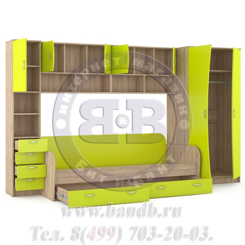 Кровать детская + шкаф и стеллаж Ника 36 бук песочный/лайм зелёный Картинка № 6