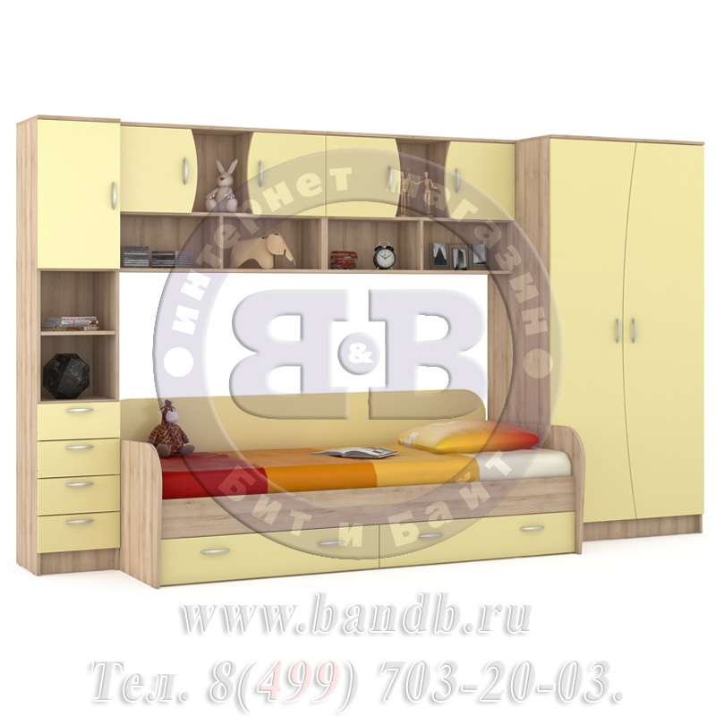 Кровать детская + шкаф и стеллаж Ника 36 бук песочный/лимонный сорбет Картинка № 3