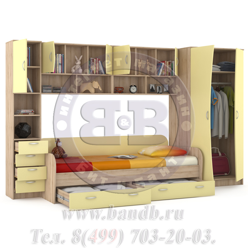 Кровать детская + шкаф и стеллаж Ника 36 бук песочный/лимонный сорбет Картинка № 4