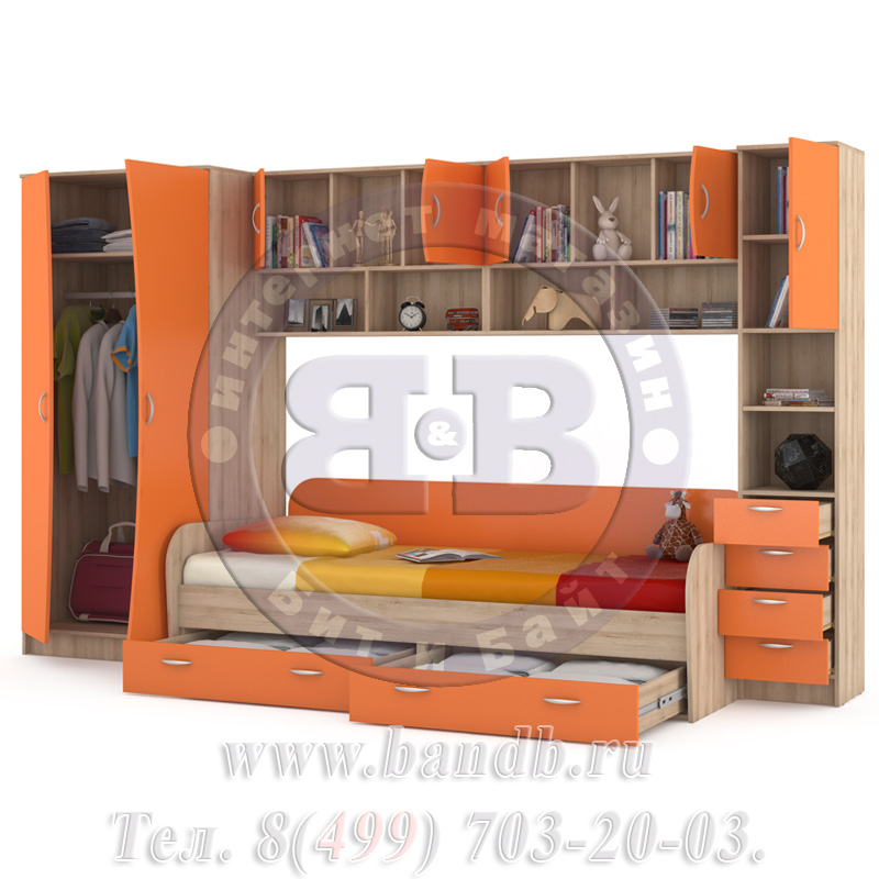 Кровать детская + шкаф и стеллаж Ника 36 бук песочный/оранжевый Картинка № 2