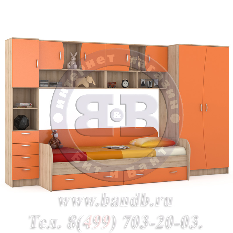 Кровать детская + шкаф и стеллаж Ника 36 бук песочный/оранжевый Картинка № 3