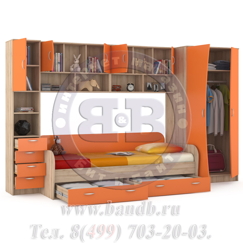 Кровать детская + шкаф и стеллаж Ника 36 бук песочный/оранжевый Картинка № 4