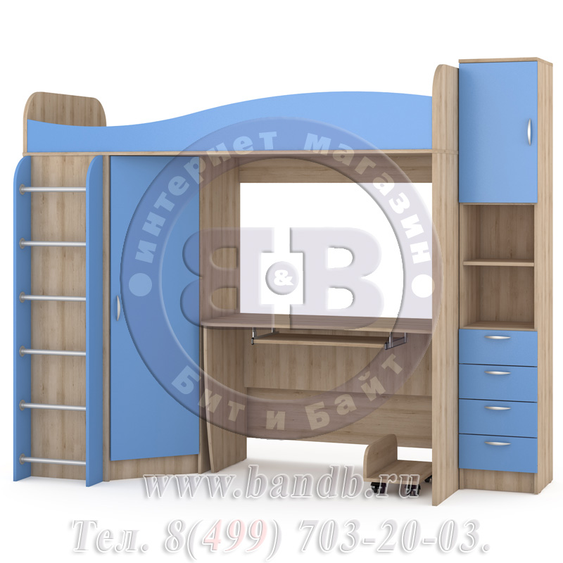 Кровать-чердак с рабочей зоной + стеллаж Ника 42 бук песочный/капри синий Картинка № 3