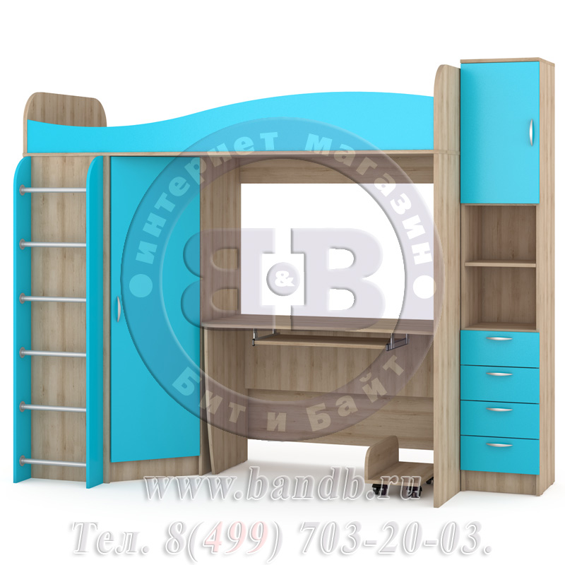 Кровать-чердак с рабочей зоной + стеллаж Ника 42 бук песочный/мармара голубая Картинка № 3