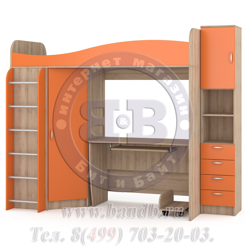 Кровать-чердак с рабочей зоной + стеллаж Ника 42 бук песочный/оранжевый Картинка № 3