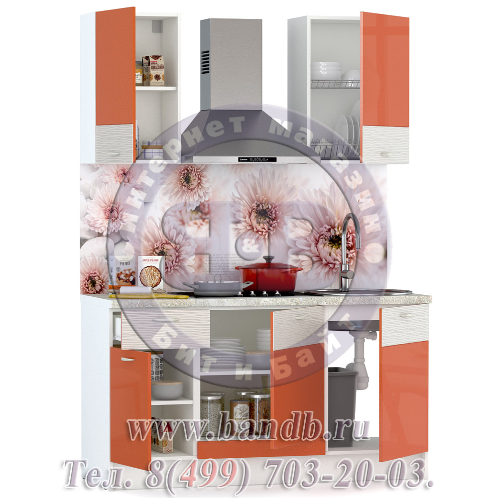 Набор мебели для кухни 1500 Жанна, цвет белый/морковный металлик/шагрень платина Картинка № 5