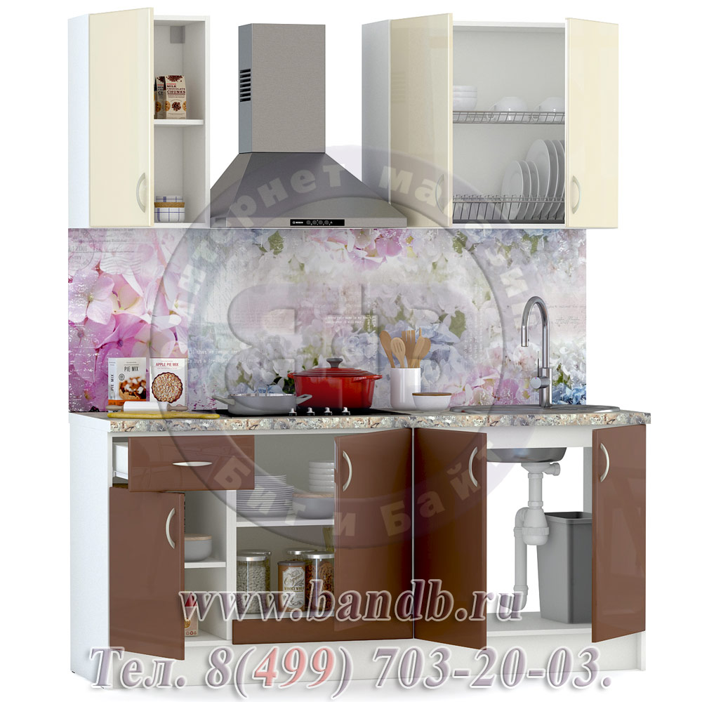 Набор мебели для кухни 1800 Сандра, цвет белый/столы капучино глянец/шкафы ваниль глянец Картинка № 6