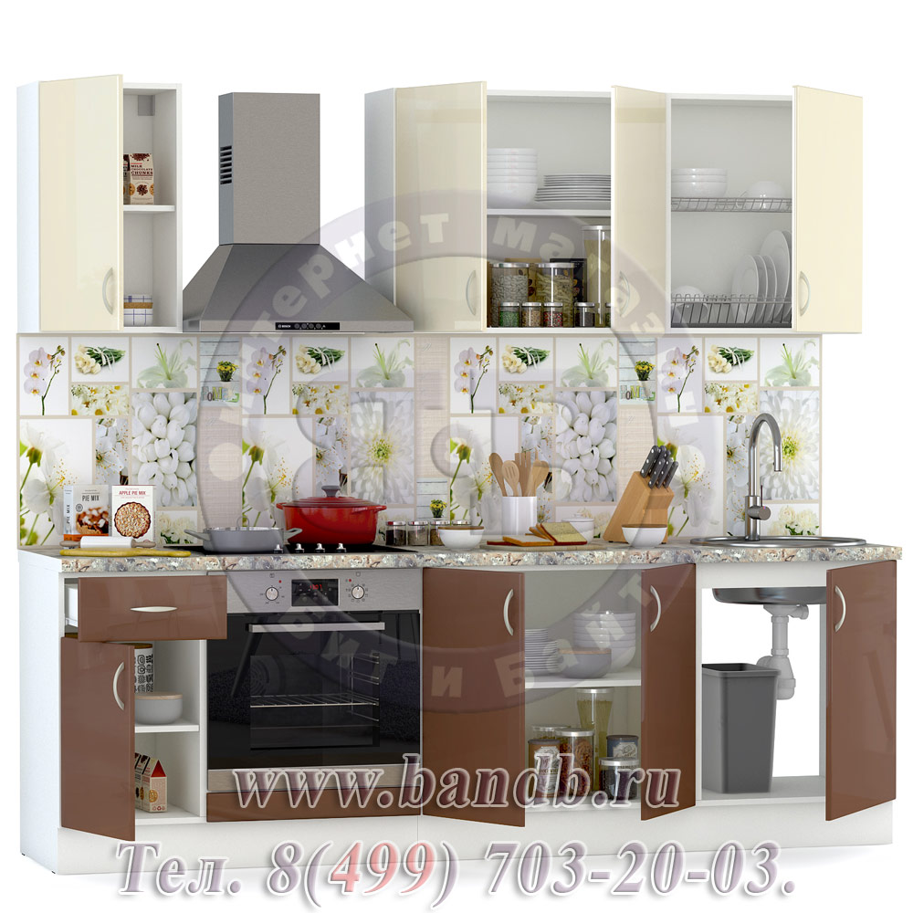Набор мебели для кухни 2400 Сандра, цвет белый/столы капучино глянец/шкафы ваниль глянец Картинка № 2