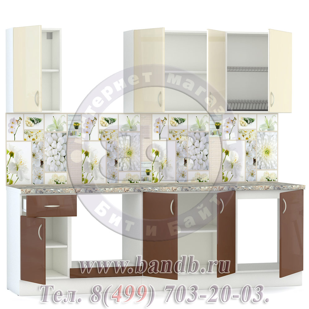 Набор мебели для кухни 2400 Сандра, цвет белый/столы капучино глянец/шкафы ваниль глянец Картинка № 4