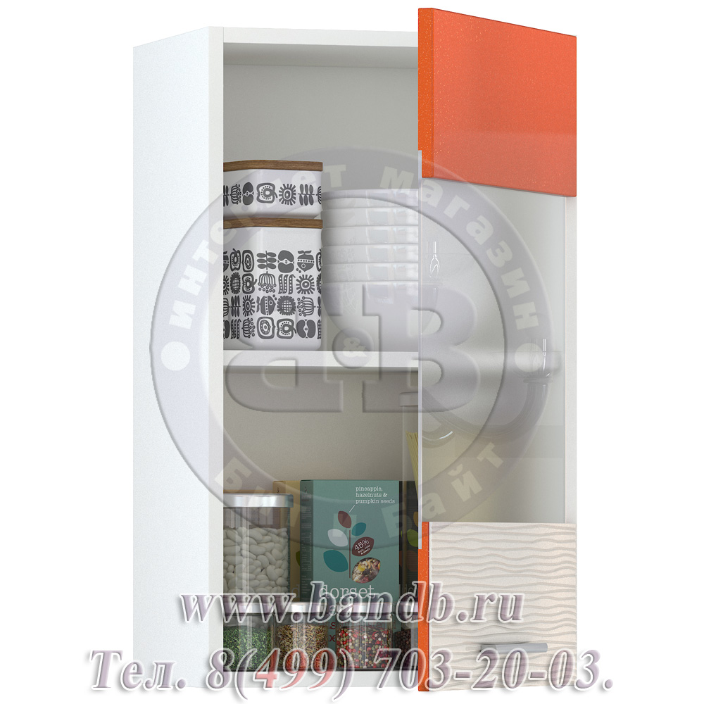 Шкаф навесной 400 витрина Жанна морковный металлик/шагрень платина/белый распродажа шкафов-витрин Картинка № 2