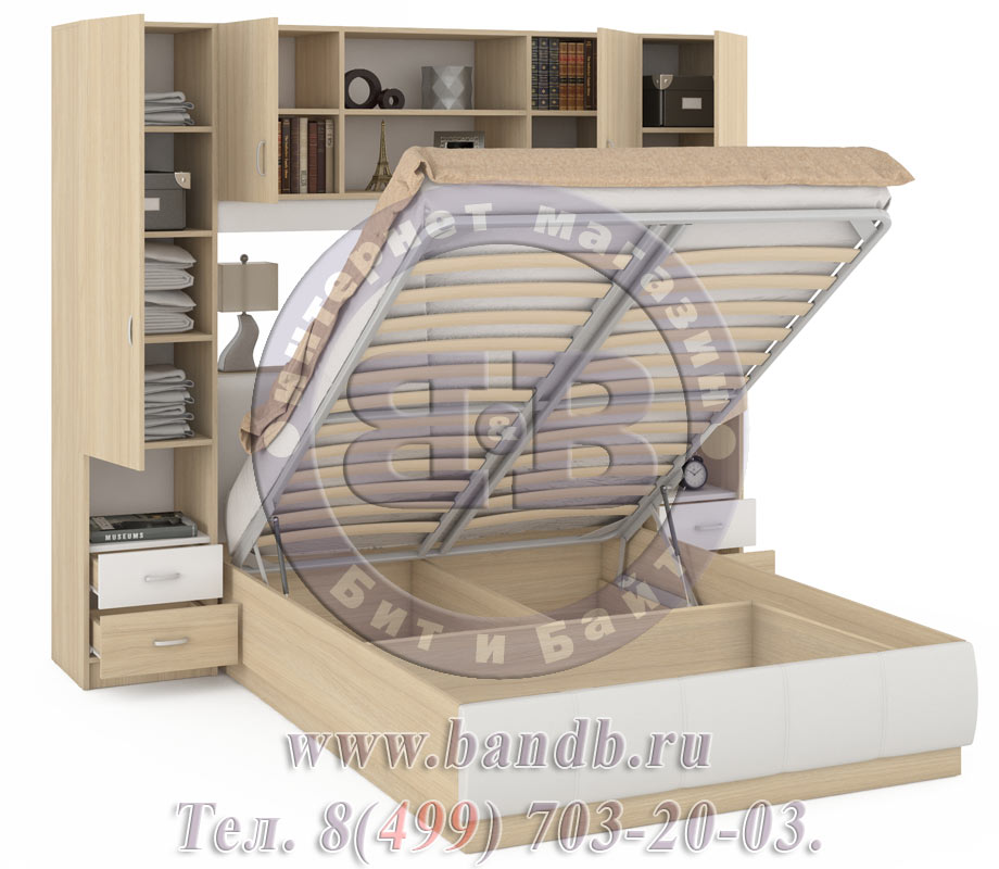 Кровать с подъёмным механизмом и шкафами Линда 1400 дуб сонома/белая искусственная кожа Картинка № 2