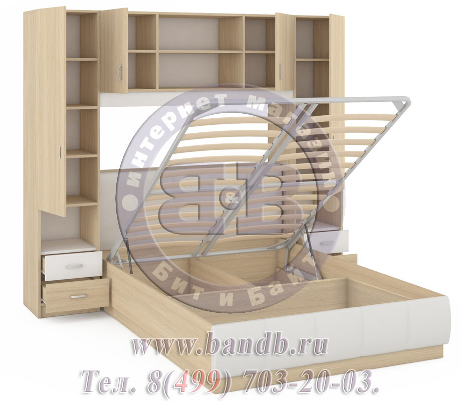 Кровать с подъёмным механизмом и шкафами Линда 1400 дуб сонома/белая искусственная кожа Картинка № 4