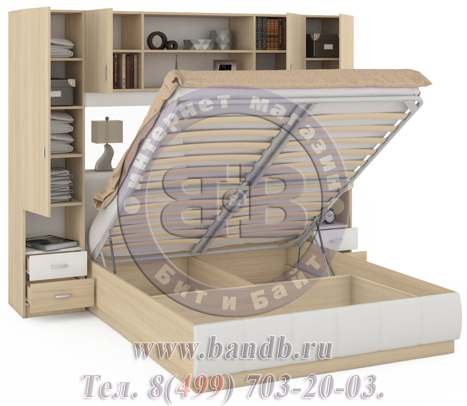 Кровать с подъёмным механизмом и шкафами Линда 1600 дуб сонома/белая искусственная кожа Картинка № 2