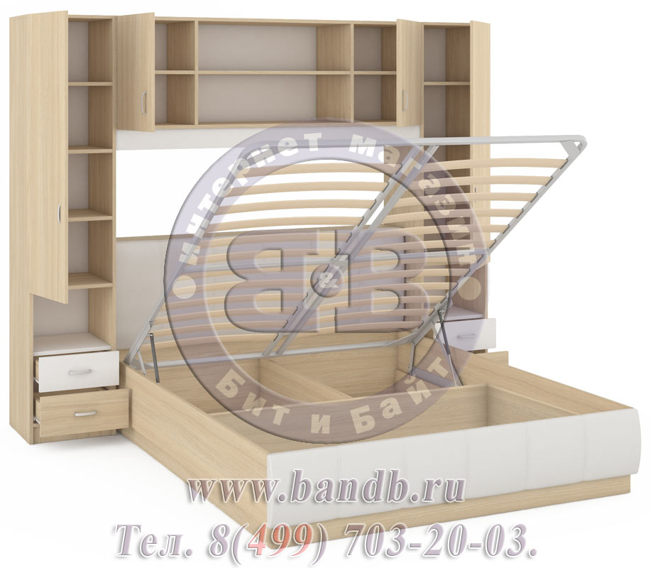 Кровать с подъёмным механизмом и шкафами Линда 1600 дуб сонома/белая искусственная кожа Картинка № 4