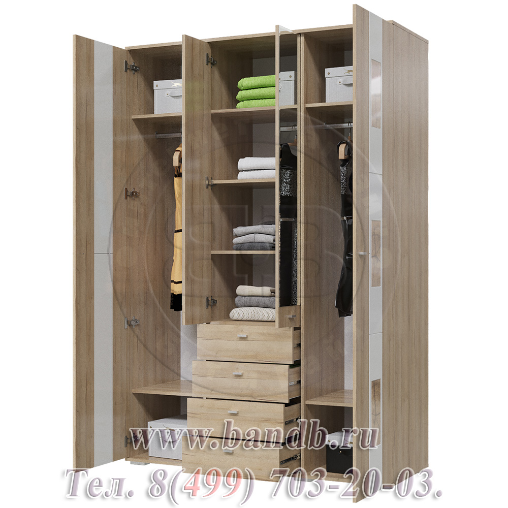 Шкаф 4-х дверный с ящиками и зеркалами Бавария цвет дуб ривьера/МДФ-Белый глянец Картинка № 2