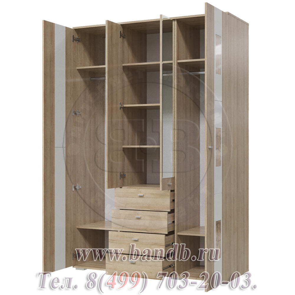 Шкаф 4-х дверный с ящиками и зеркалами Бавария цвет дуб ривьера/МДФ-Белый глянец Картинка № 3