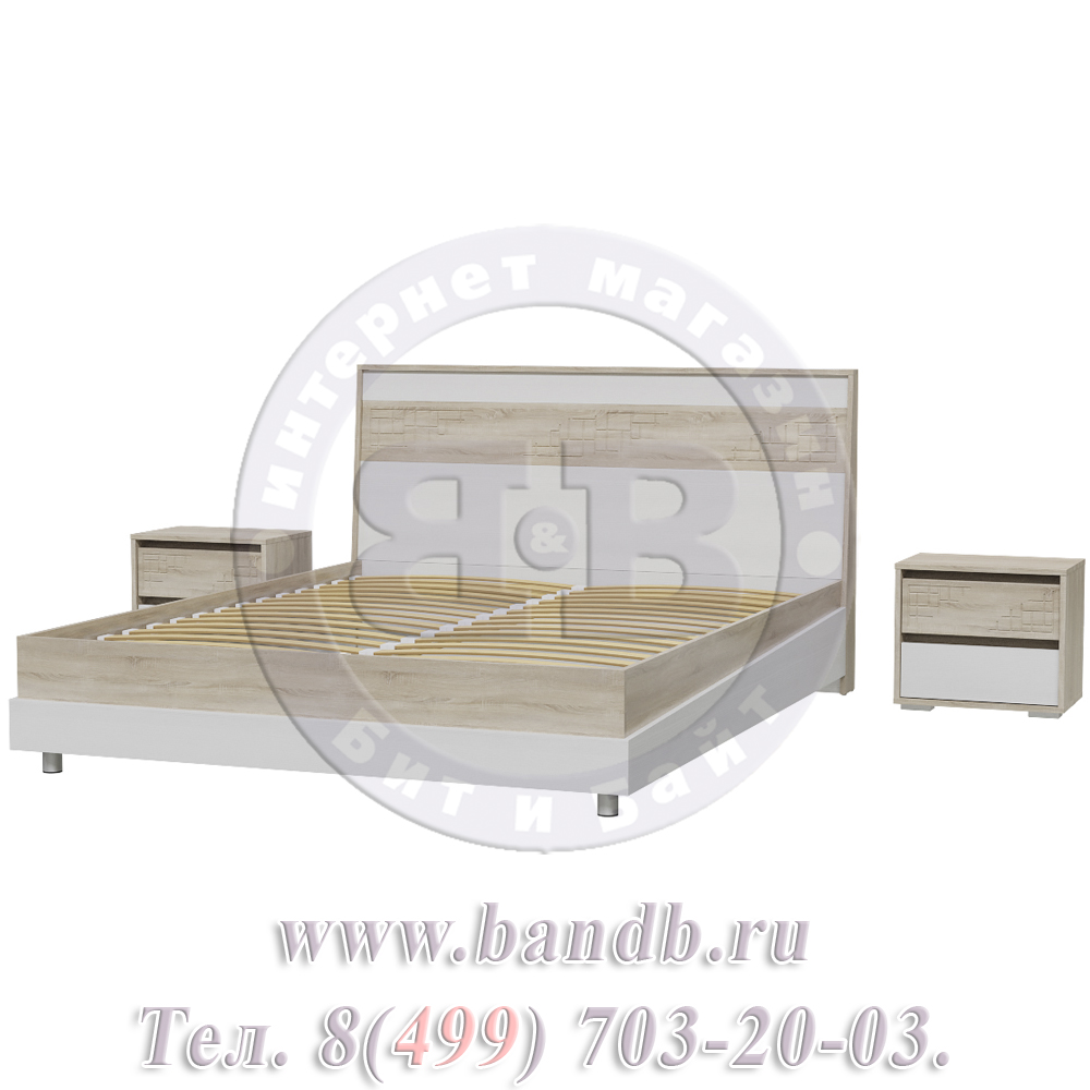 Кровать 1600 Мальта с основанием и тумбочками цвет дуб сонома/рамух белый МДФ Картинка № 2
